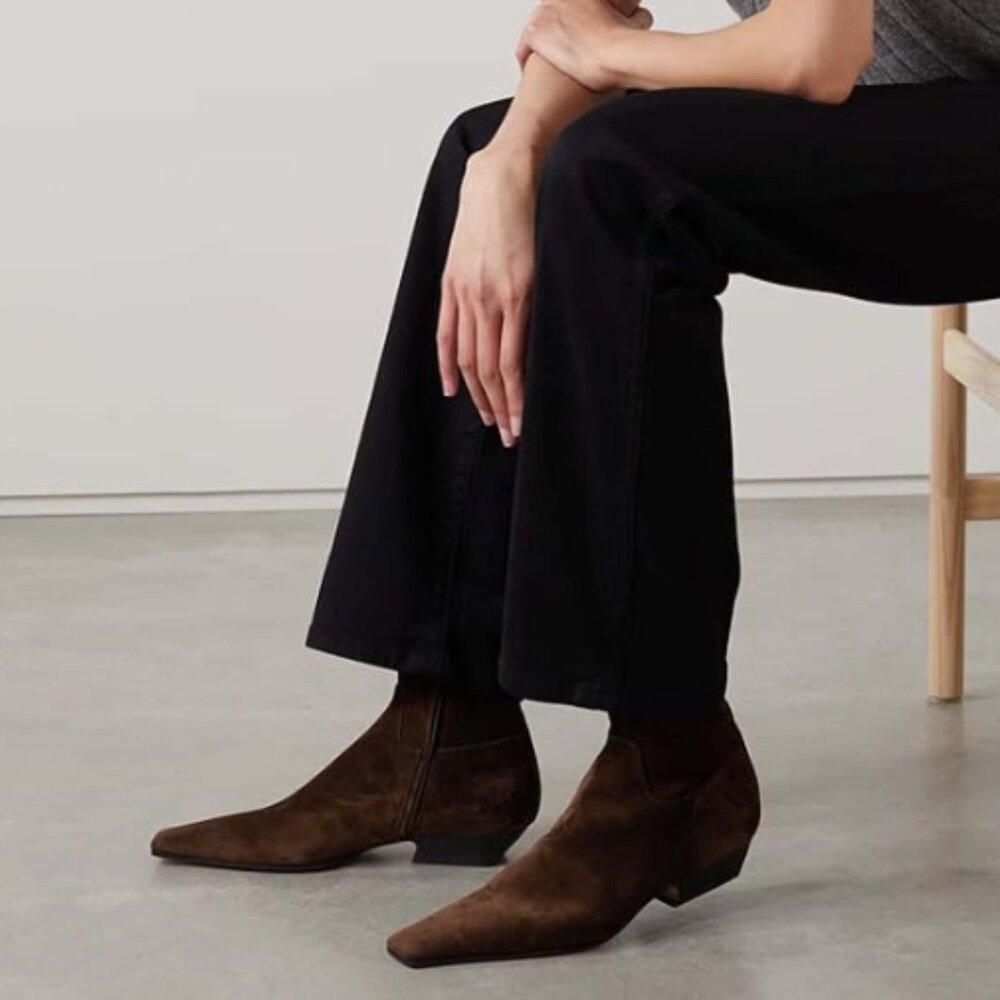 Pointed Toe Suede Ankle Booties in Dark Brown